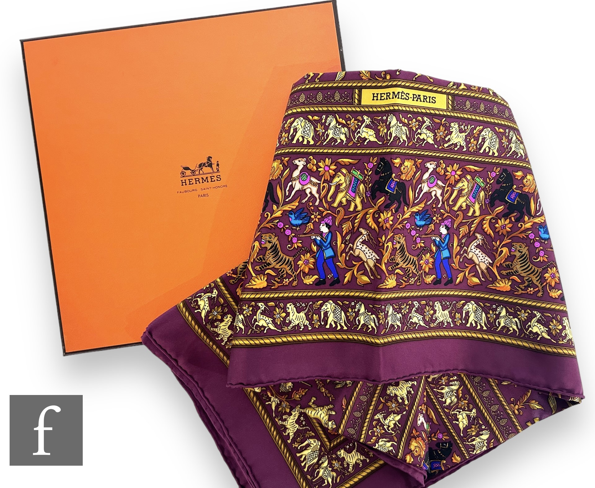 A Hermes Chasse En Inde silk scarf, designed in 1986 by Michel Duchene, decorated with a repeat