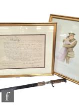 A World War One bayonet and scabbard, a framed discharge manuscript presented to Gerald Ensley Moore