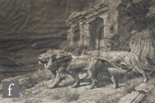 HERBERT DICKSEE (1862-1942) - Lions before temple ruins, etching on vellum, signed and dated 1909 in