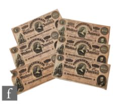 Six American Confederate one hundred dollar bills, Richmond February 17th 1864, Nos 50886, 51549,