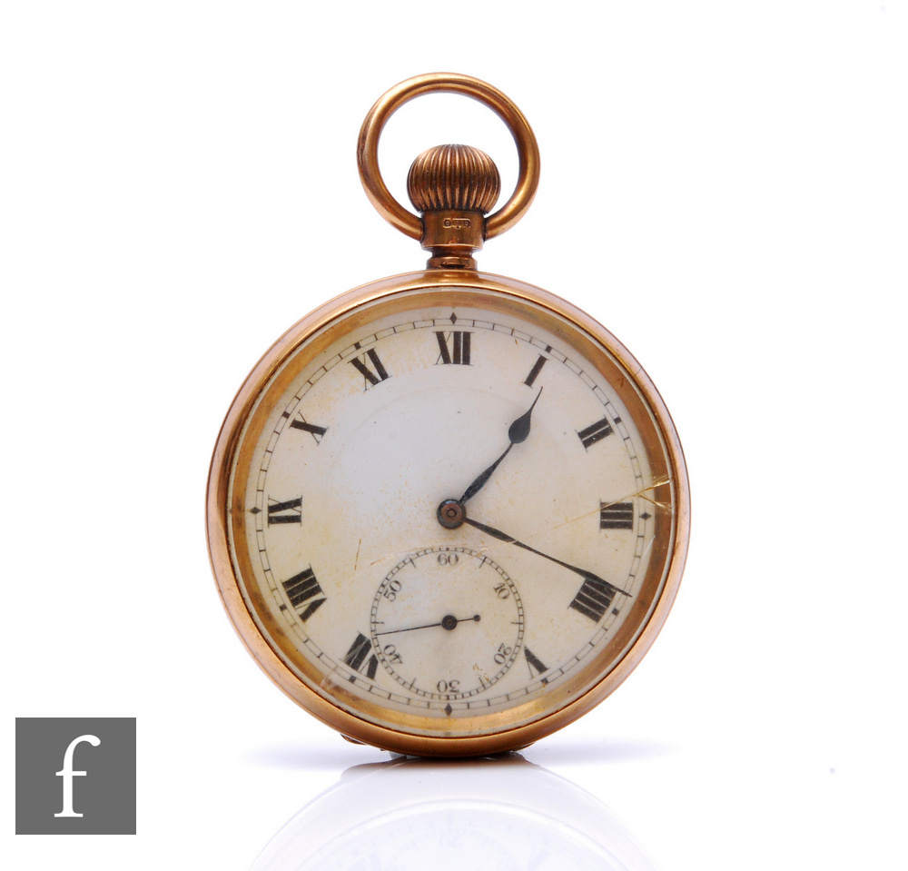 A 9ct hallmarked open faced, crown wind pocket watch, Roman numerals to a white enamelled dial, case