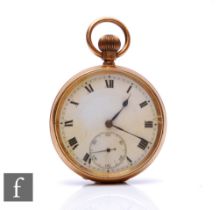 A 9ct hallmarked open faced, crown wind pocket watch, Roman numerals to a white enamelled dial, case