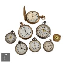 Two gold plated pocket watches, a gold plated wrist watch, four continental silver and white metal