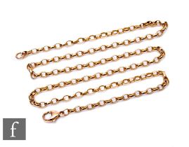 A 9ct hallmarked oval belcher chain, weight 9.5g, length 47cm, terminating in lobster clasp.