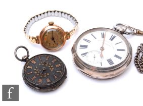 A lady's 9ct hallmarked wrist watch to a metal bracelet with two silver hallmarked pocket watches,