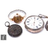 A lady's 9ct hallmarked wrist watch to a metal bracelet with two silver hallmarked pocket watches,