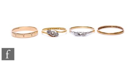 Two 18ct stone set rings, weight 3.5g, with two 9ct wedding rings, weight 2.7g, damages. (4)