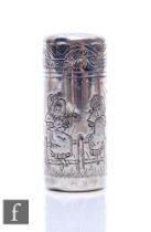 A hallmarked silver cylindrical scent bottle with engraved decoration of two Kate Greenaway style