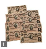 Eight American Confederate one hundred dollar bills, Richmond February 17th 1864, Nos 51574,