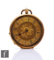 A late 19th Century 18ct fob watch, Roman numerals to a gilt dial, case diameter 40mm, metal dust