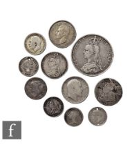 A Victoria 1887 double florin, groats dated 1840 and 1895 and various other coinage including