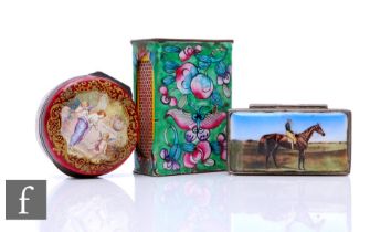 A white metal and enamel rectangular box depicting a racehorse and jockey, length 5.5cm, with two