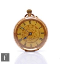 An early 20th Century 14ct open faced, crown wind fob watch, Roman numerals to a gilt dial, case