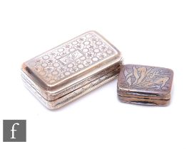 Two hallmarked silver cushioned rectangular vinaigrettes, length 38mm and 22mm, both Birmingham