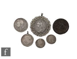 Six William III to Victoria coins to include two shillings, 1697, one holed, a crown dated 1890 in