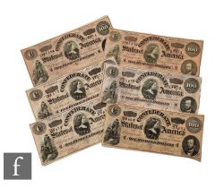 Six American Confederate One hundred dollar bills, Richmond February 17th 1864, Nos 51564, 51572,