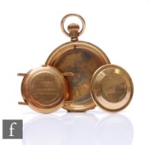 A 9ct hallmarked pocket watch case with two 9ct hallmarked watch case backs, total weight 30.5g. (3)