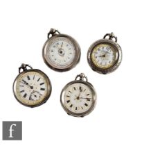 Four continental silver open faced key wind fob watches with Arabic and Roman numerals to a white