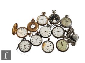 Five hallmarked silver open faced pocket watches with three plated examples, a continental fob watch