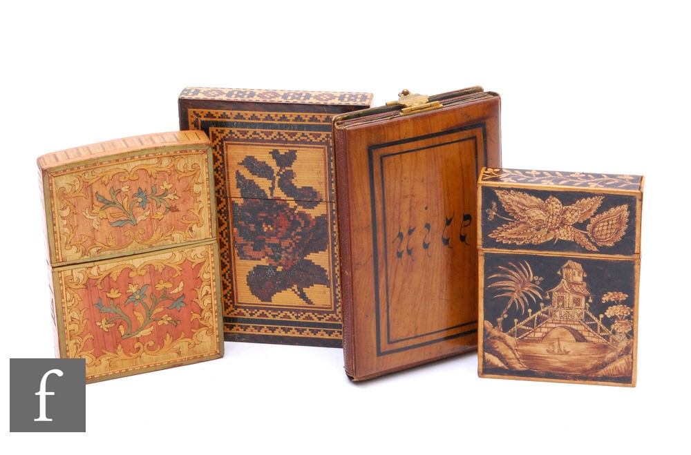 A 19th Century Tunbridgeware floral and parquetry inlaid card case, a coloured straw work example,