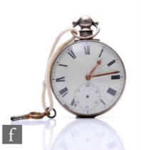 A hallmarked silver verge open faced pocket watch, Roman numerals to a white enamelled dial, case