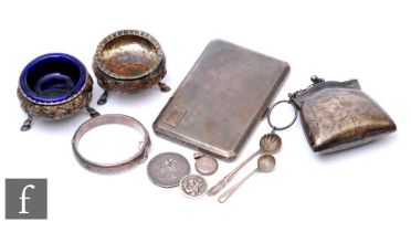A small parcel lot of assorted hallmarked silver items to include an evening purse, a pair of open
