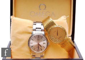 A gentleman's stainless steel Omega Geneve manual wind wrist watch, silver batons and date