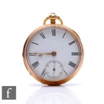 An 18ct hallmarked open faced fusee pocket watch, Roman numerals to a white enamelled dial, case