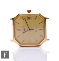 A gentleman's 9ct hallmarked Longines quartz wrist watch, gilt batons and date facility to an