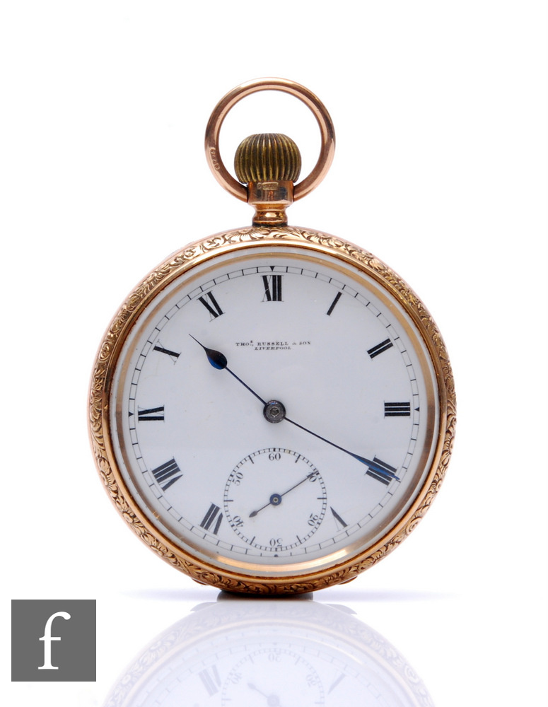 A 9ct hallmarked Thomas Russel & Sons open faced, crown wind pocket watch, Roman numerals to a white