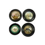 A pair of 19th Century Prattware Pot Lids, 'The Game Bag,' and 'The Sportsman,' 4'' (10cms);