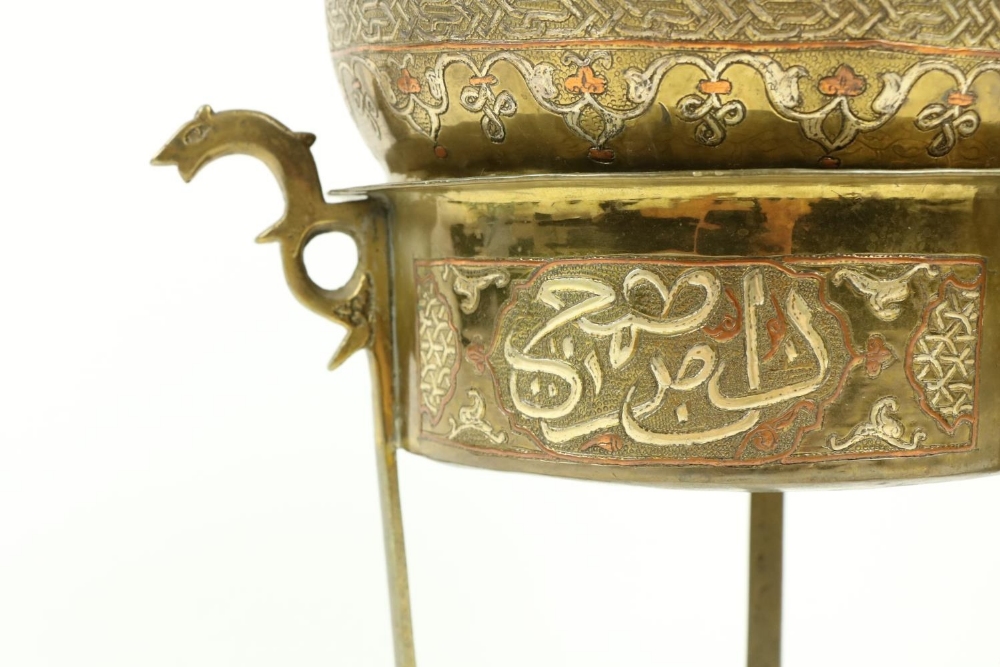 A late 19th Century Islamic brass, copper and silver Incense Burner, with pierced dome cover with - Image 3 of 9