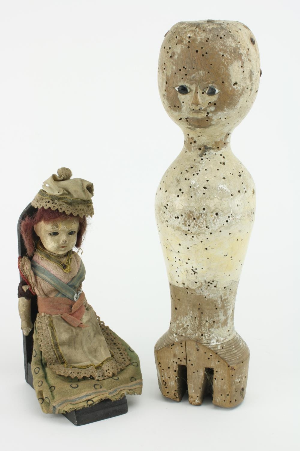 A Queen Anne period carved and painted wooden Dolls Body, the head with coloured glass eyes, ( - Image 2 of 16