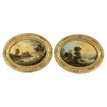 A pair of Victorian oval reverse Paintings on glass, each depicting a landscape with figures,