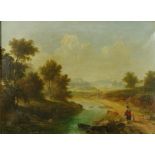 J.R. 1847 - Irish School 'Extensive Landscape with Figures by a Stream,' O.O.C., signed with