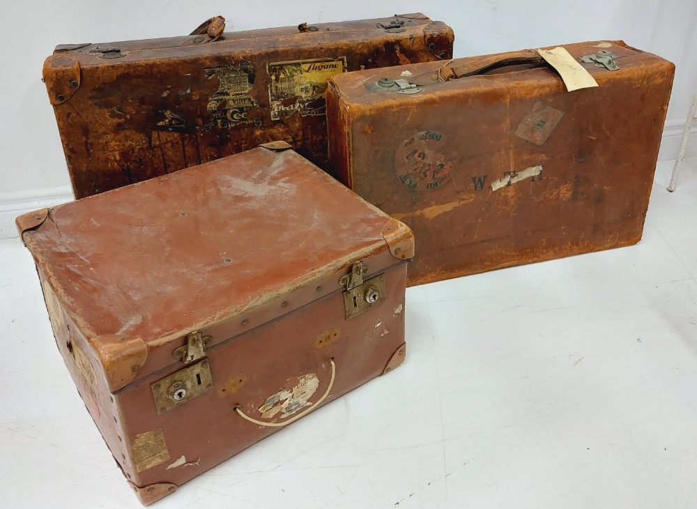 Two similar antique leather Suitcases, (labels of travel locations and hotels) together with a - Image 2 of 2