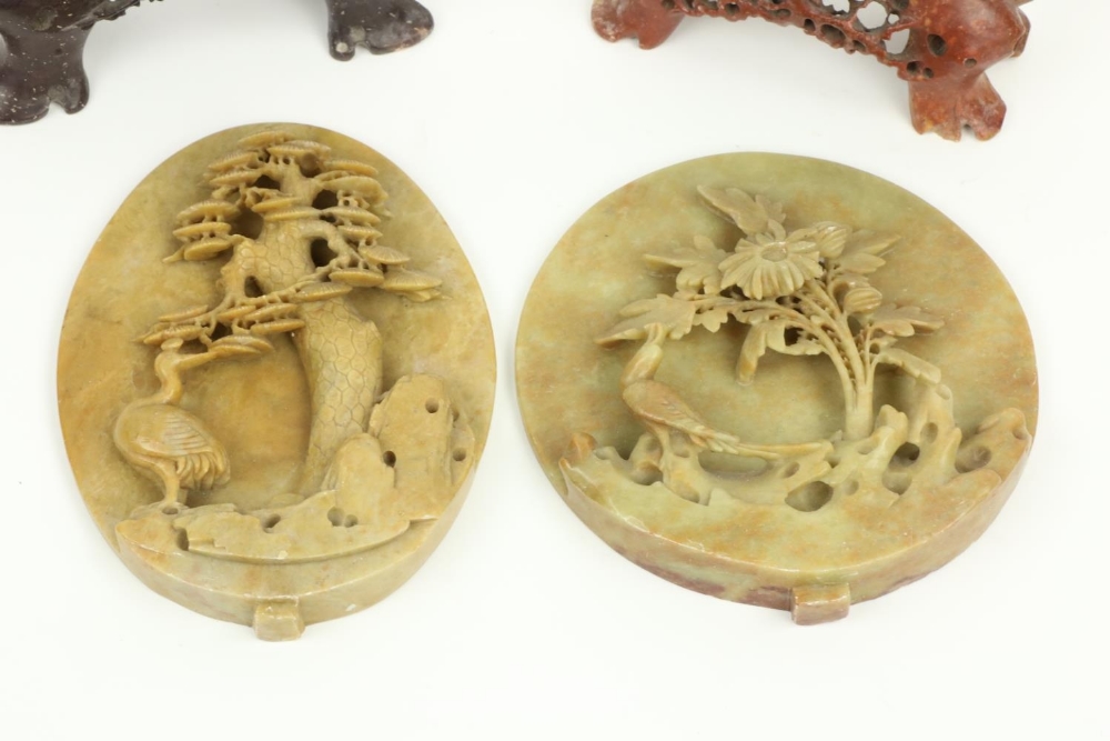 Two Chinese carved soapstone Panels, one round carved with bird and flower, on separate carved and - Image 2 of 6