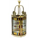 An attractive Regency style brass Hall Lantern, of cylindrical form with beaded and coloured glass