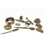 Two heavy iron Scissors, a Glove Stretcher, various Weights, brass and metal Items. (a lot)