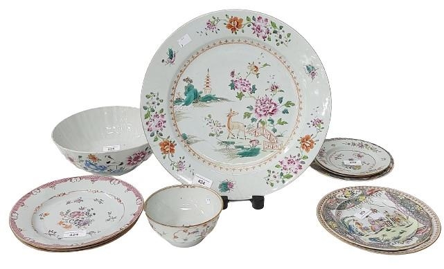 A large 19th Century Chinese cream ground Famille Rose Platter, decorated with flowers and