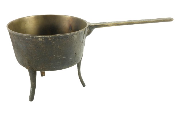 A heavy bronze 19th Century Welsh Skillet Pot/Saucepan, the long handle inscribed 'P. Llewellin,'