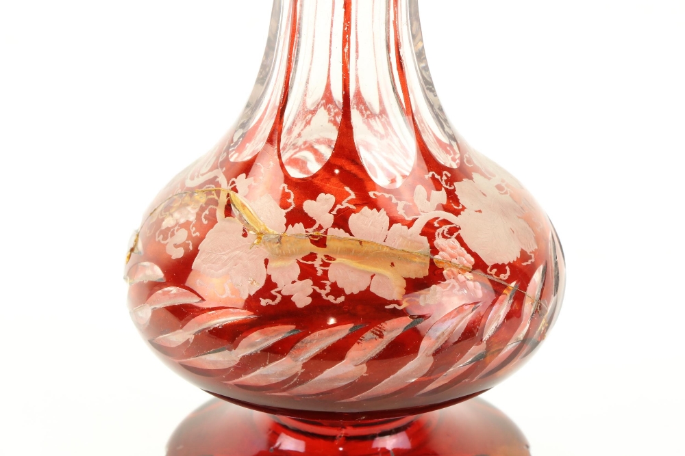 A Bohemian ruby glass and vine engraved Perfume Bottle and stopper, (as is), a cranberry glass Jug - Image 2 of 2
