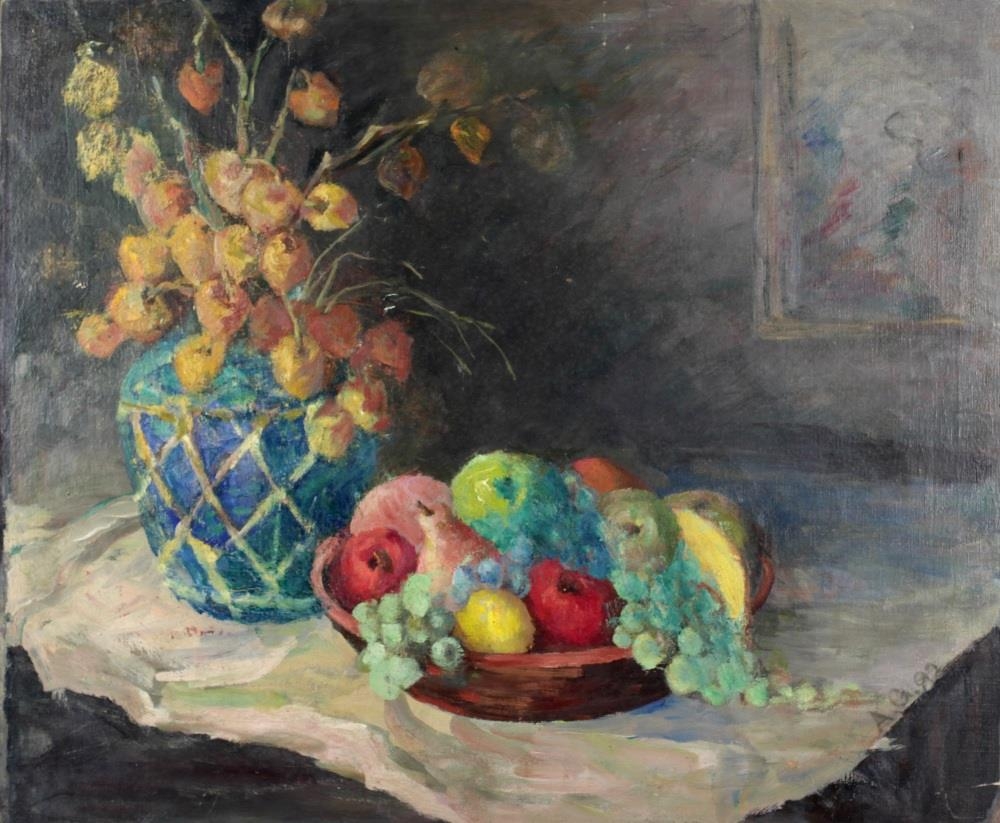 19th Century American School 'Still Life with Vase, of Chinese Lanterns and a Bowl of Fruit,' O.O.