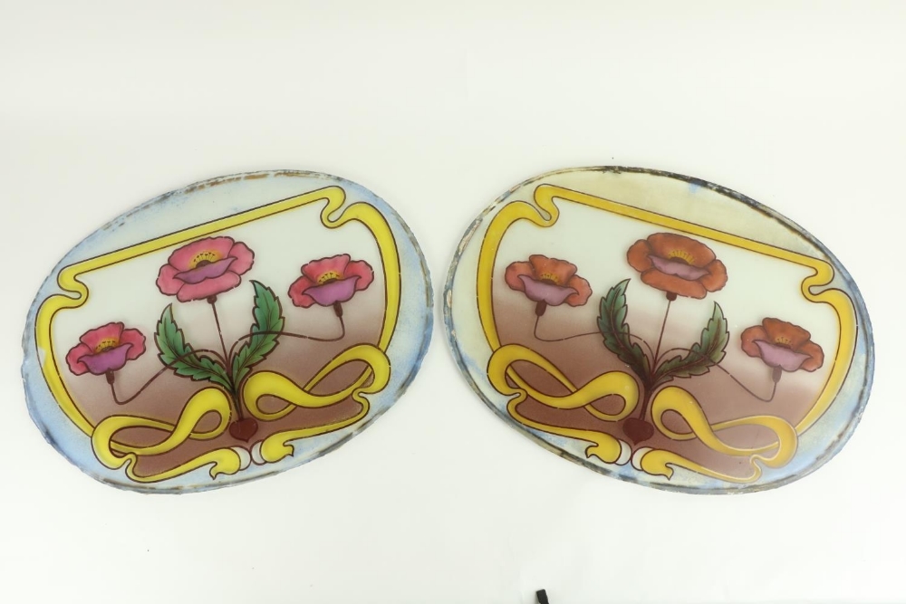 A pair of very attractive Art Nouveau oval stained glass Door Panels, each decorated with flowers, - Image 2 of 2