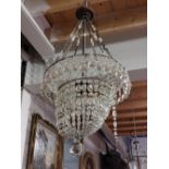 A glass basket Ceiling Light or Chandelier, with festoons of buttons, trellis panels and bulbous