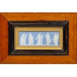 A large blue and white Jasperware Wedgwood Panel, with dancing classical women in relief, 15cms x