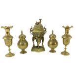A pierced and embossed Oriental brass Incense Burner and Cover, and two pairs of Benares brass