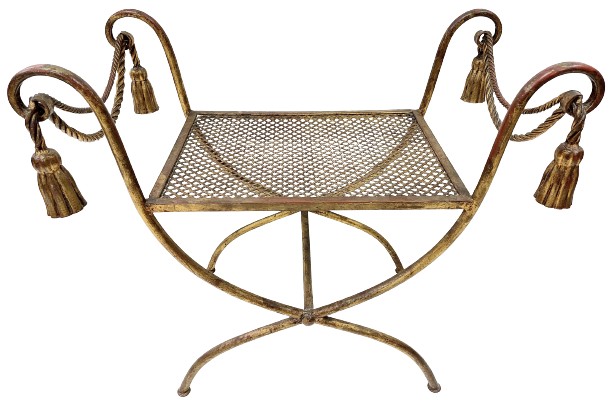 An unusual gilt wrought iron X framed Stool, with ropes and tassels and scrolls ends, 28 1/2'' (