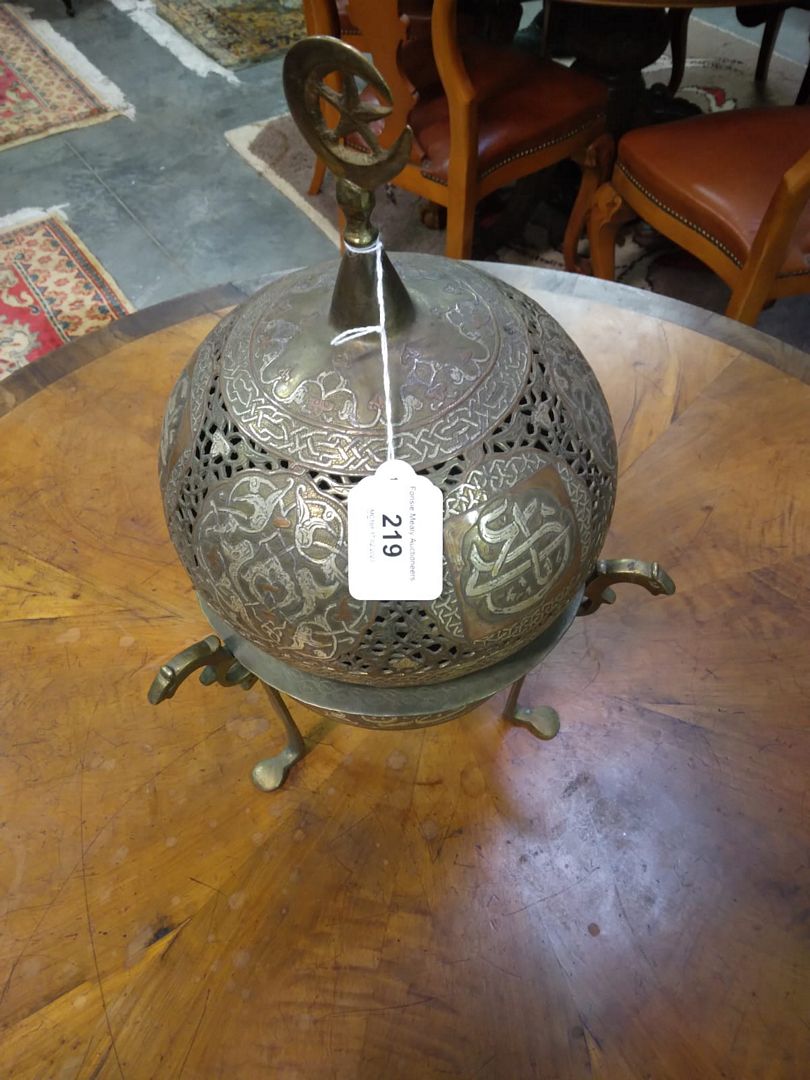 A late 19th Century Islamic brass, copper and silver Incense Burner, with pierced dome cover with - Image 9 of 9