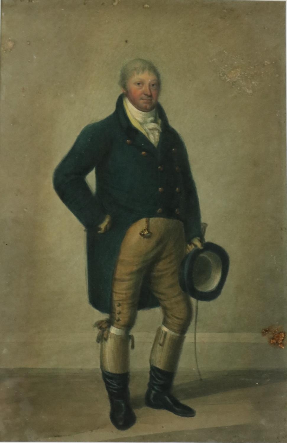 Early 19th Century English 'Full length Portrait of a Gentleman holding a top hat and hunting